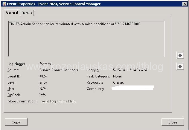 the iis admin service terminated with service specific error 2148073478