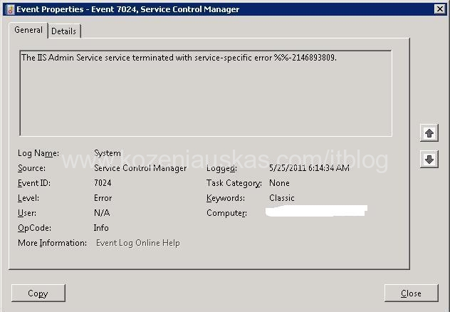 Usługa administracyjna iis została zakończona z błędem specyficznym dla usługi 2148073478